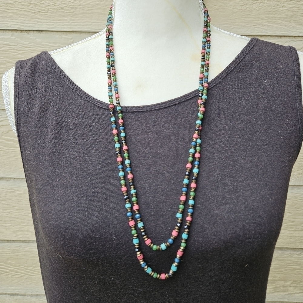 layered multicolor wood glass metal beaded necklace pink green blue